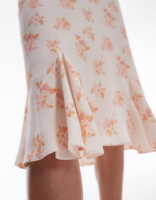 Topshop Rok tot over de knie met dubbele ruches in amberkleurige bloemenprint ASOS