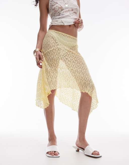 Topshop - Rok van kant in jaren 90-stijl met ongelijke zoom in geel