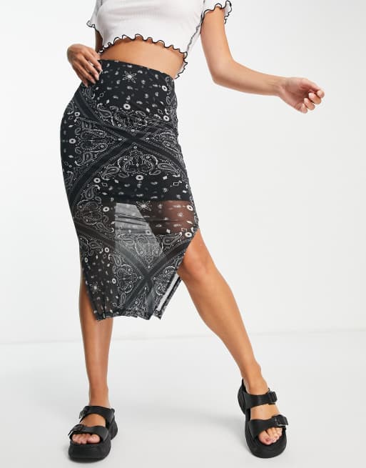 Topshop - Rok van mesh in zwart-witte bandanaprint