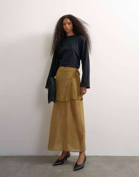 Topshop rok van organza met strikdetail en contrast in kaki - view 1