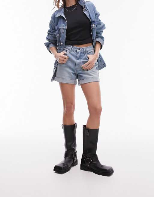 Topshop roll hem denim shorts in mid blue