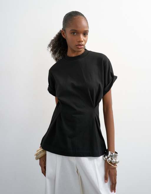 Topshop roll sleeve cinch tee in black, 2 of 4