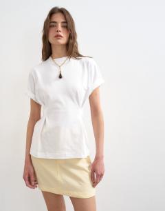 Model wearing Roll sleeve cinch tee in white