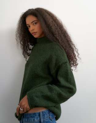 Topshop Rolled Edges Longline Chunky Knit Sweater In Green