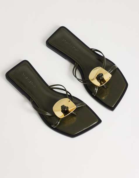 Topshop Rolo hardware detail flat sandals in olive - view 1