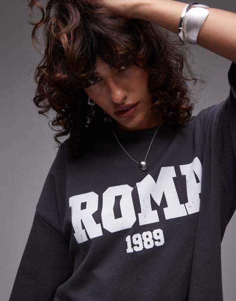 Topshop Roma 1989 graphic oversized tee in charcoal - view 1