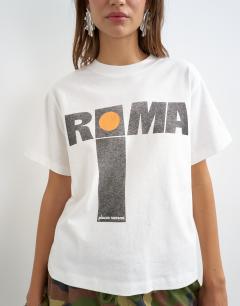 Model wearing Topshop 'Roma' graphic boxy tee in white
