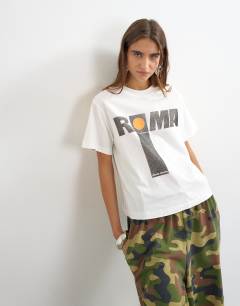 Model wearing Topshop 'Roma' graphic boxy tee in white