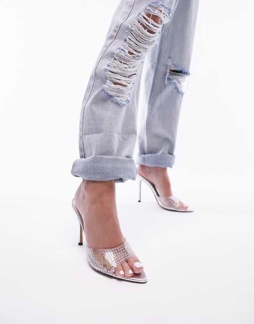 Topshop - Romy - Sølvfarvede, udsmykkede sandaler med hæl