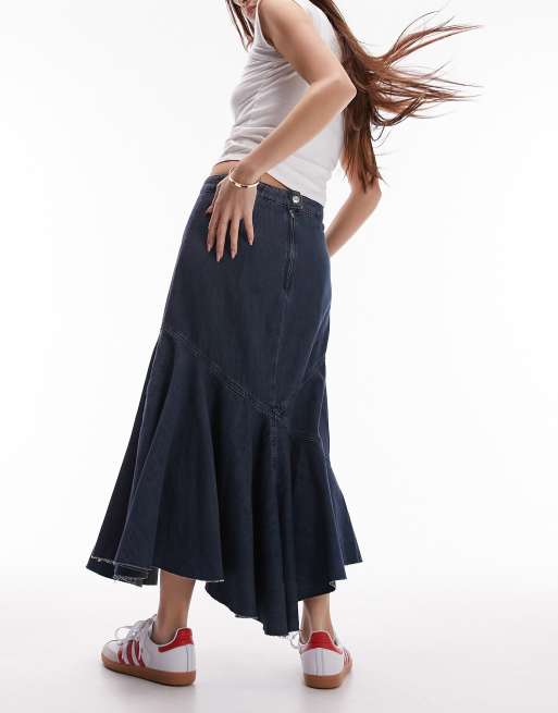 Topshop - Rond gesneden denim midi-rok in 'dirty' blauw , 2 van 5