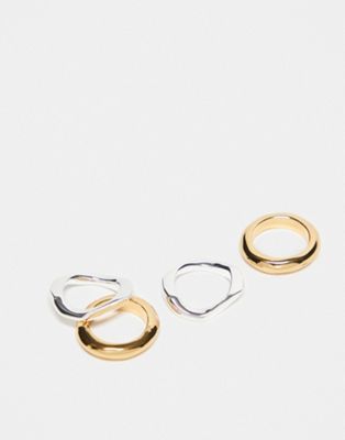 Topshop Rory Pack Of 4 Mixed Molten Rings In Multi Plated