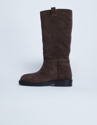 Topshop Rory real suede leather riding boots in chocolate-Brown