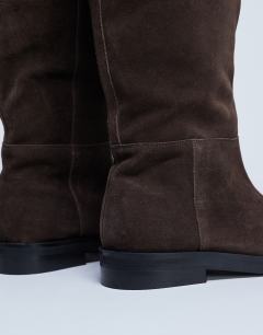 Model wearing Rory real suede leather riding boots in chocolate