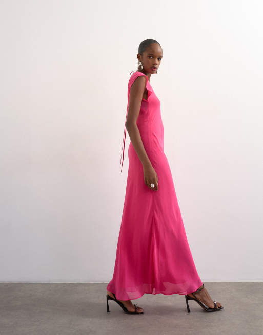 Topshop – Rosa, asymmetrisk maxiklänning med utsvängda ärmar och dekorativa sömmar, 3 av 4