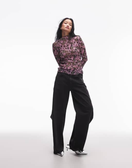 Topshop – Rosa krinklad topp med lång ärm och blommönster, 2 av 4