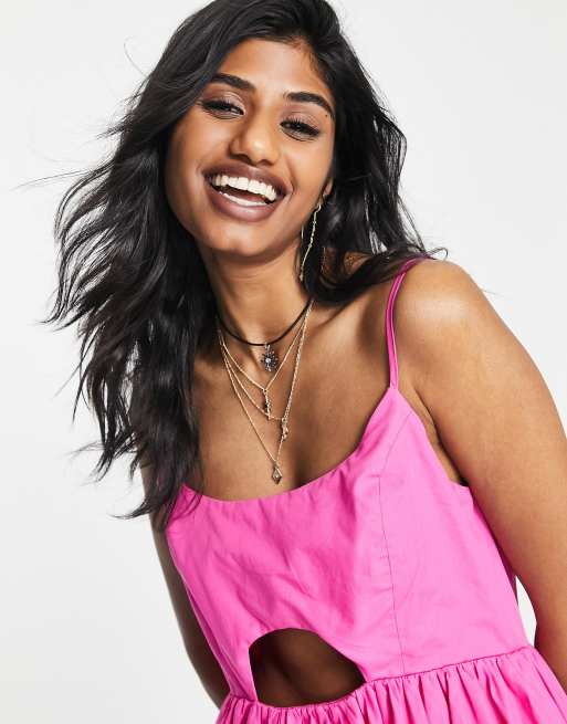 Topshop – Rosa midiklänning i bomullspoplin med utskurna detaljer, 2 av 4