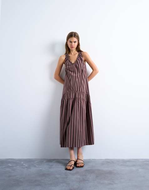 Topshop – Rosa och brun midiklänning i poplin med låg midja och dra på-stil - view 1