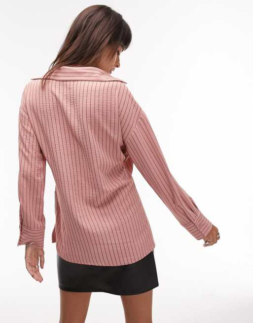 Topshop – Rosa- och svartrandig skjorta med omlottdesign framtill, 2 av 4