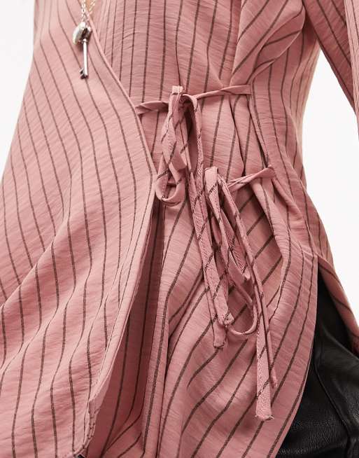 Topshop – Rosa- och svartrandig skjorta med omlottdesign framtill, 3 av 4