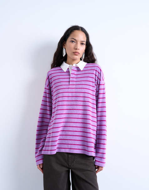 Topshop – Rosa, randig pikétröja av frotté i oversize med långa ärmar - view 1