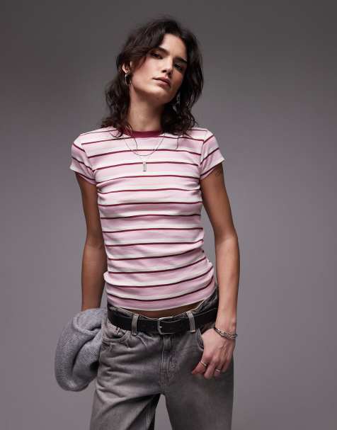 Topshop – Rosa, randig vardaglig t-shirt - view 1