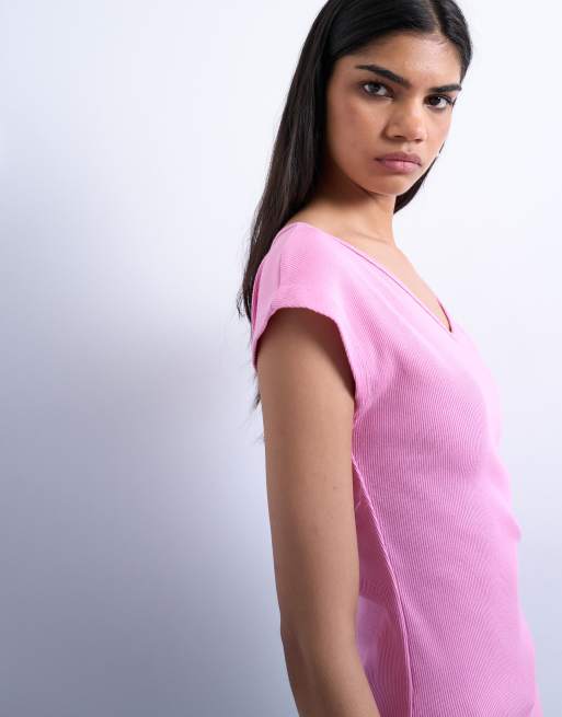 Topshop – Rosa, ribbat och figurnära linne med v-ringning och holkärmar, 2 av 4