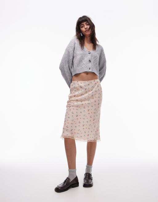 Topshop – Rosa Rock in 90er-Länge mit asymmetrischem Saum, Blümchenmuster und Vintage-Spitze