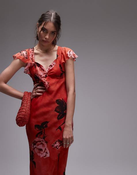 Topshop – Rosa, rosmönstrad maxiklänning för festtillfällen med utsvängd ärm - view 1