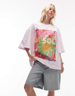 Topshop – Rosa t-shirt i jersey och oversize med Plaza de Sol-tryck - view 1