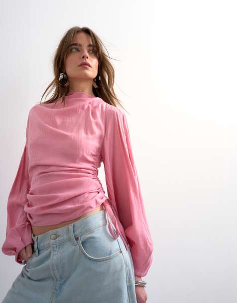 Topshop – Rosa topp med långa ärmar, rynkning och knytning i sidan - view 1