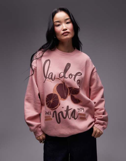 Topshop – Rosa, tvättad sweatshirt i oversize med 'La Dolce Vita'-tryck, 3 av 4
