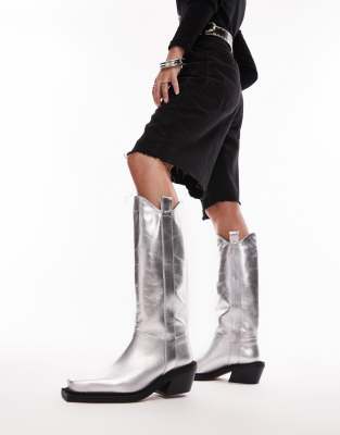 Topshop Rose Premium Leather Western Knee High Boots In Silver