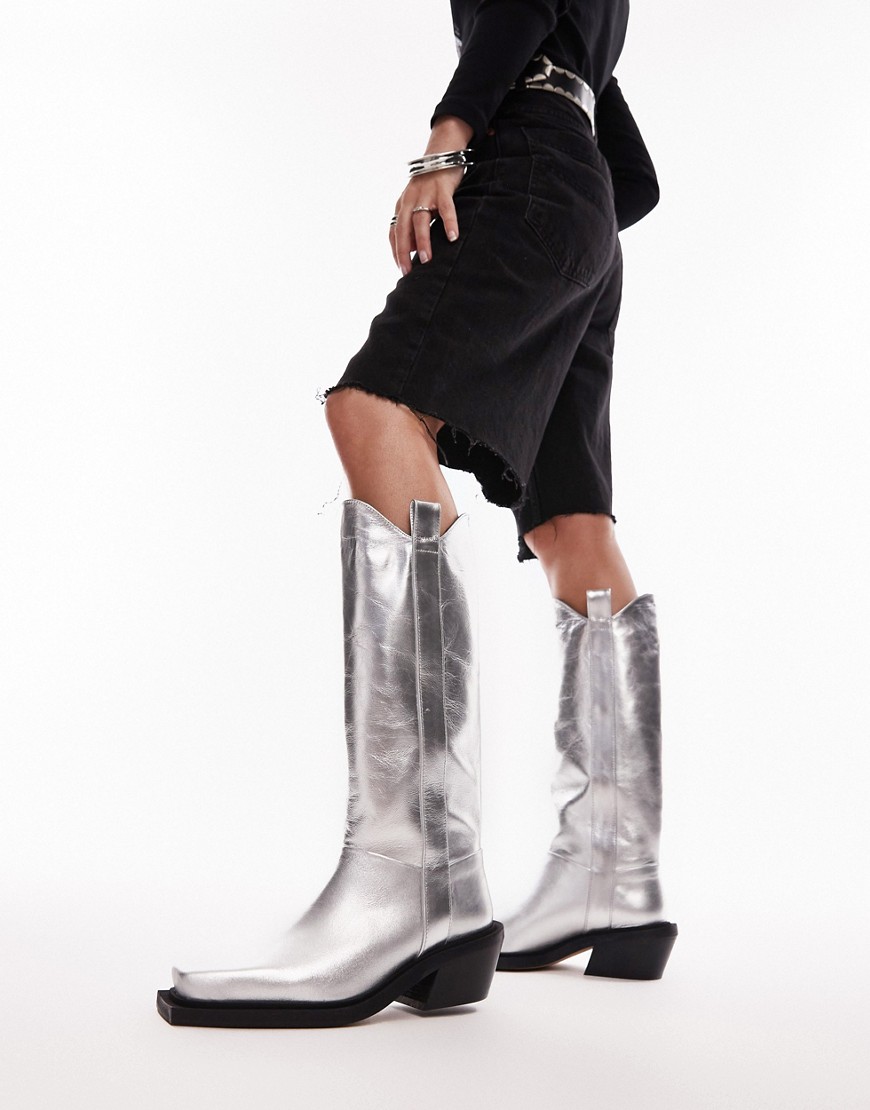 Topshop Rose premium leather western knee high boots in silver