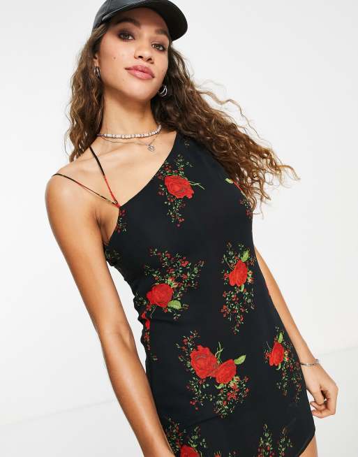 Topshop rose print asymmetric cowl mini slip dress in black