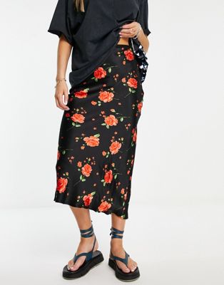 Topshop rose print bias midi skirt in black