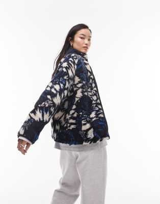 TOPSHOP ROSE PRINT BORG FLEECE JACKET IN MULTI