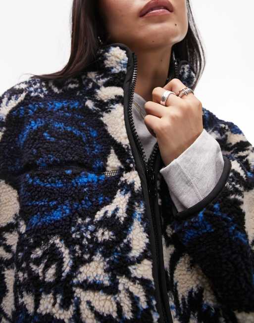 ASOS Topshop Sno cow print zip through borg fleece jacket in multi 89.99