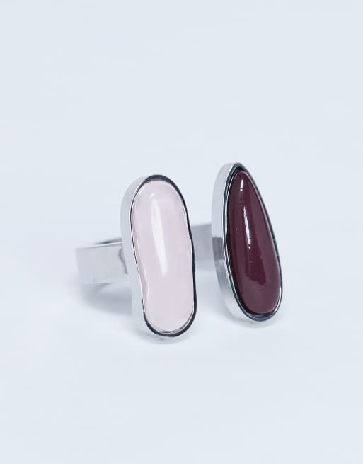 Topshop - Rosie - Ring van roestvrij staal met bordeauxrode en roze halfedelstenen in zilverkleur