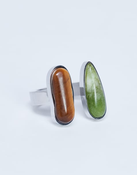 Topshop Rosie stainless steel with green & tiger semi precious stones in silver tone - view 1