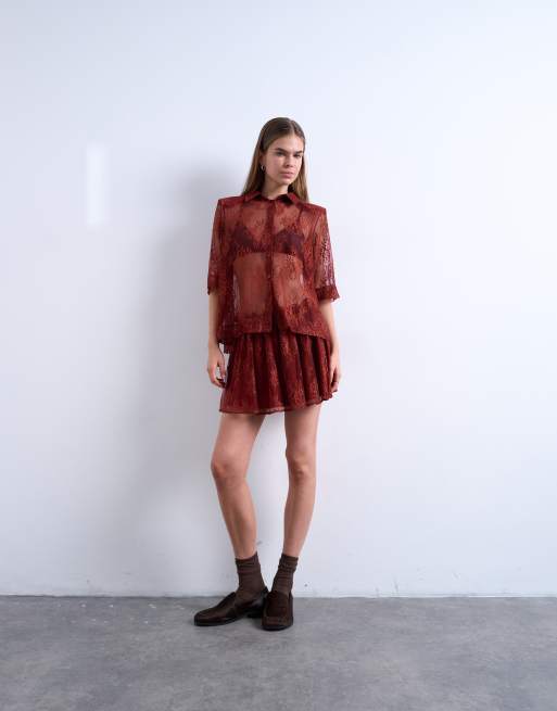 Topshop – Rostfärgad skjorta i skir spets, 3 av 4