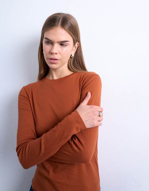 Topshop – Rostfärgad vardags-t-shirt med långa ärmar, 3 av 4