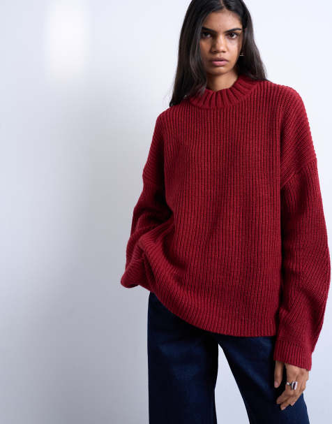 Topshop – Roströd, ribbstickad, oversize, stilren tröja med bred ringning - view 1