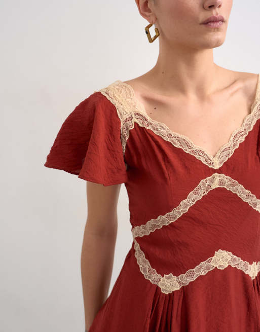Topshop – Roströd tea-klänning i minilängd med utsvängda ärmar och spetsinfällningar, 4 av 4