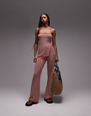 Topshop – Roströda, randiga, stickade byxor, del av set - view 1