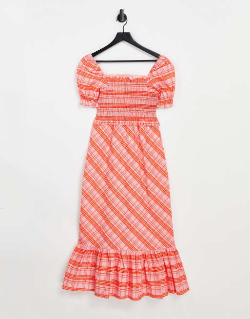 Topshop – Rot kariertes, gerafftes Midikleid