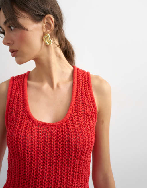Topshop – Rött, virkat linne med djup ringning, 3 av 4