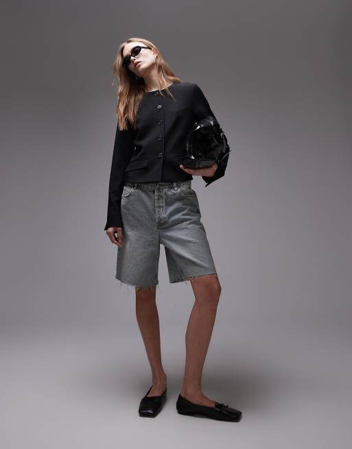 Topshop round neck collarless blazer in black, 2 of 4