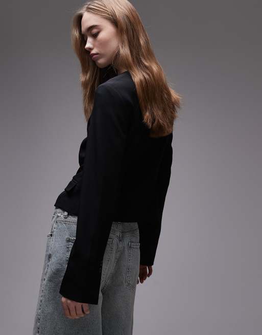 Topshop round neck collarless blazer in black, 4 of 4