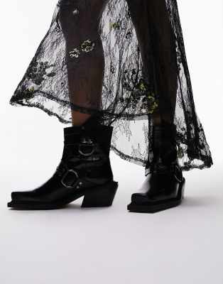 Topshop - Roxy - Biker-Stiefel im Western-Design aus hochwertigem Leder in Kroko-Schwarz