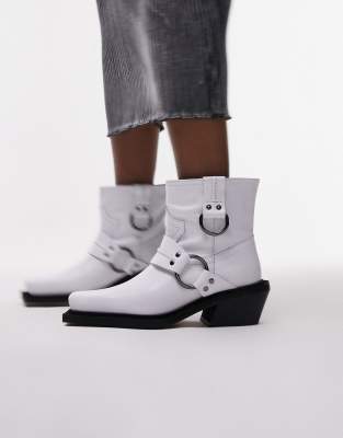 Topshop Roxy Premium Leather Western Biker Boots In White